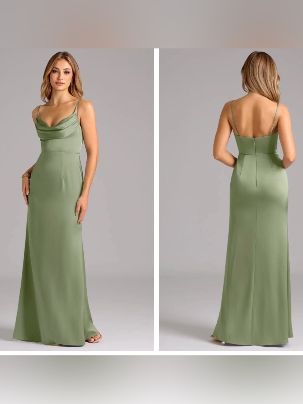 NWT Azazie Aimee Pistachio Stretch Satin Cowl Neck Maxi Dress